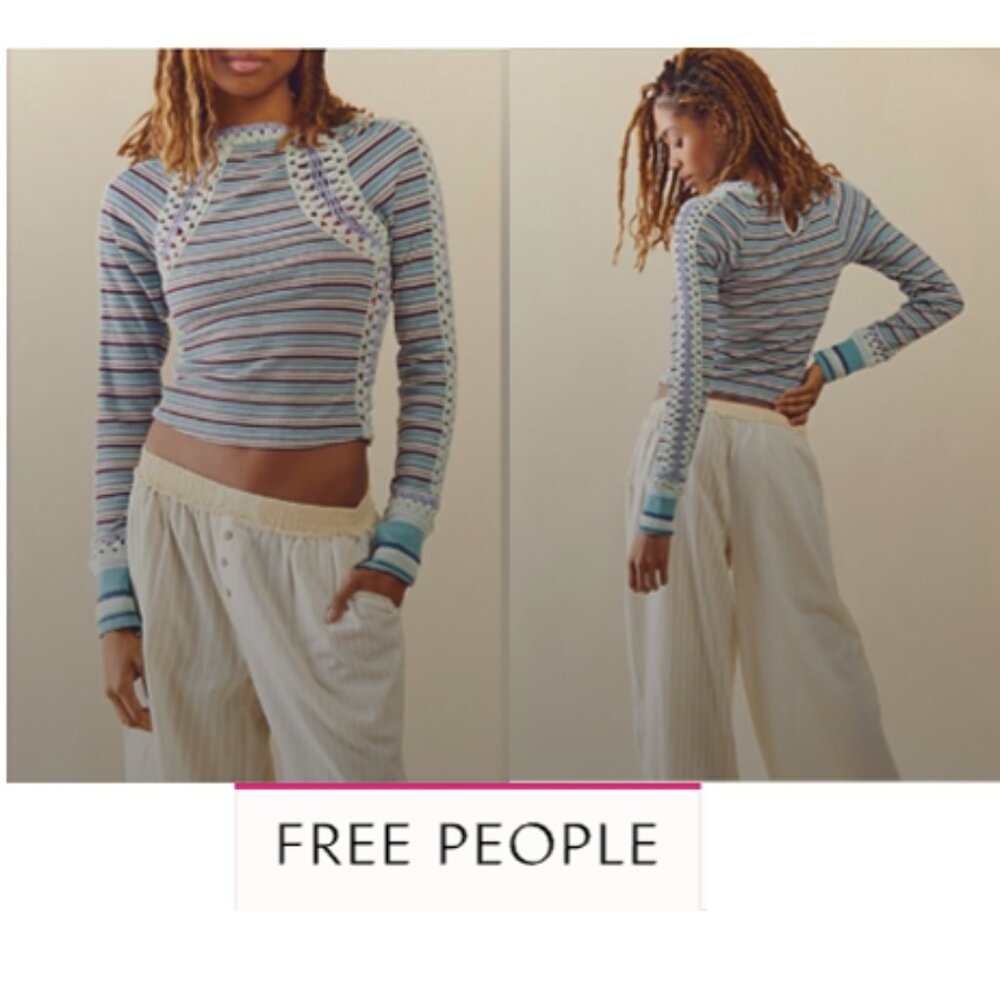 FREE PEOPLE STRIPED CROCHET LONG SLEEVE CROP SWEATER NWT
